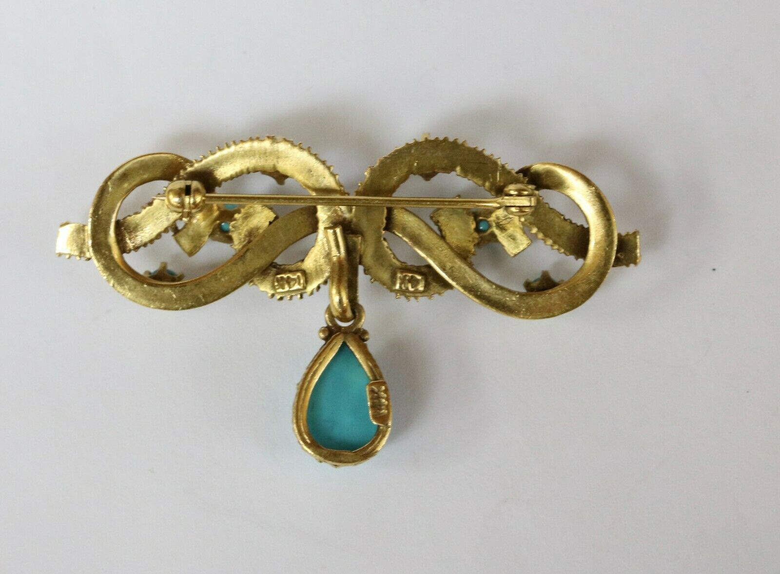 Antique Victorian Hand Crafted 14K Yellow Gold Turquoise Brooch