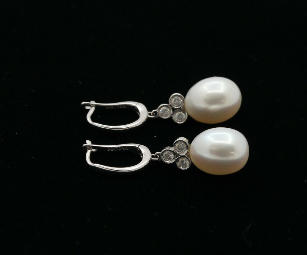 Vintage 14K White Gold Hanging Pearl Diamond Earrings