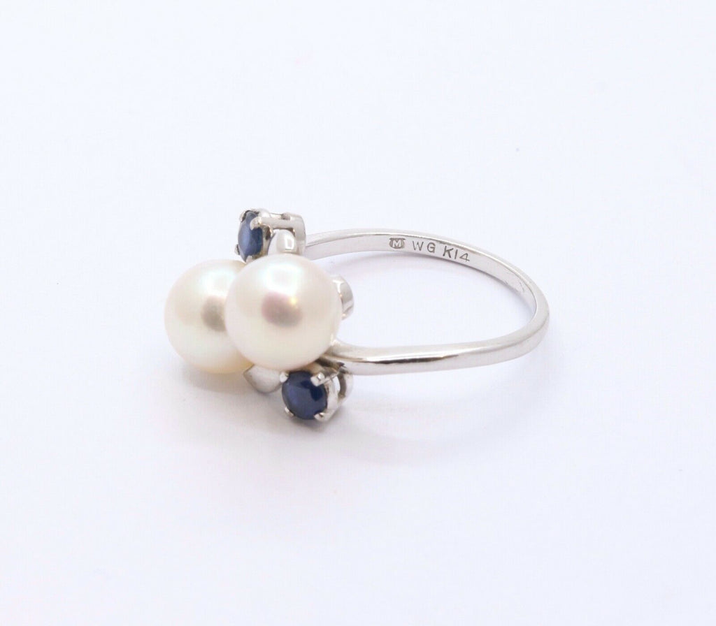 Mikimoto Vintage Pearls Blue Sapphires 14K White Gold Ring