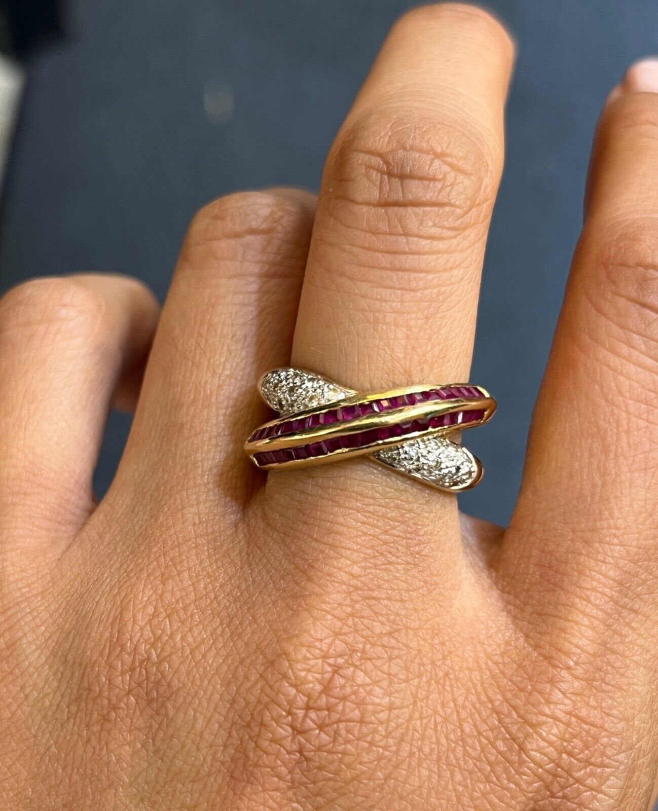 Vintage 14K Gold Ruby and Diamond Bypass Ring Band