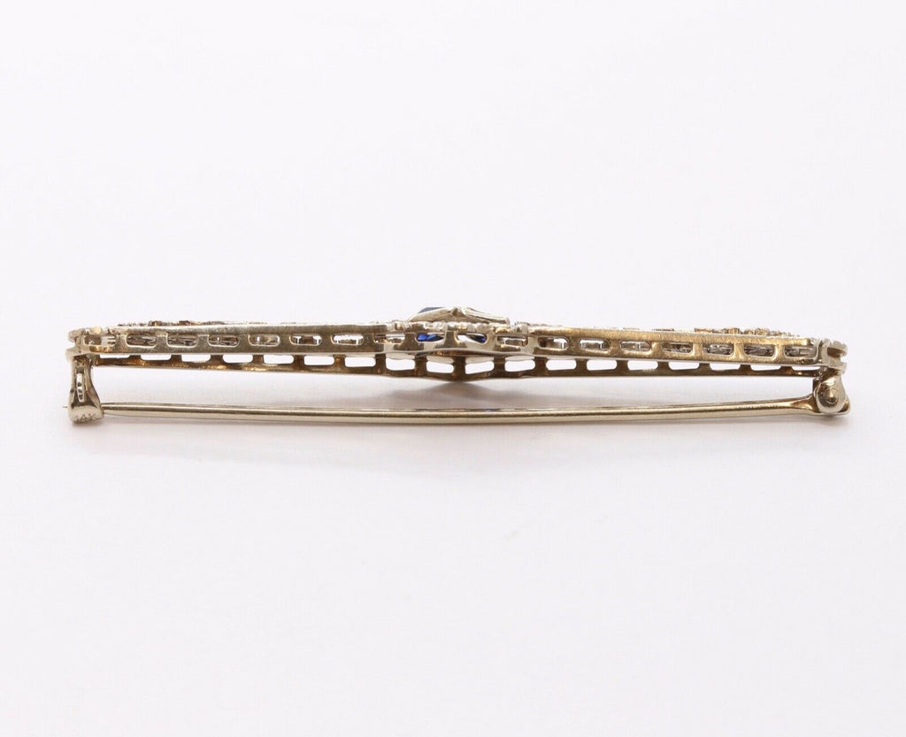 Art Deco Diamond Sapphires 14K White Gold Bar Pin Brooch