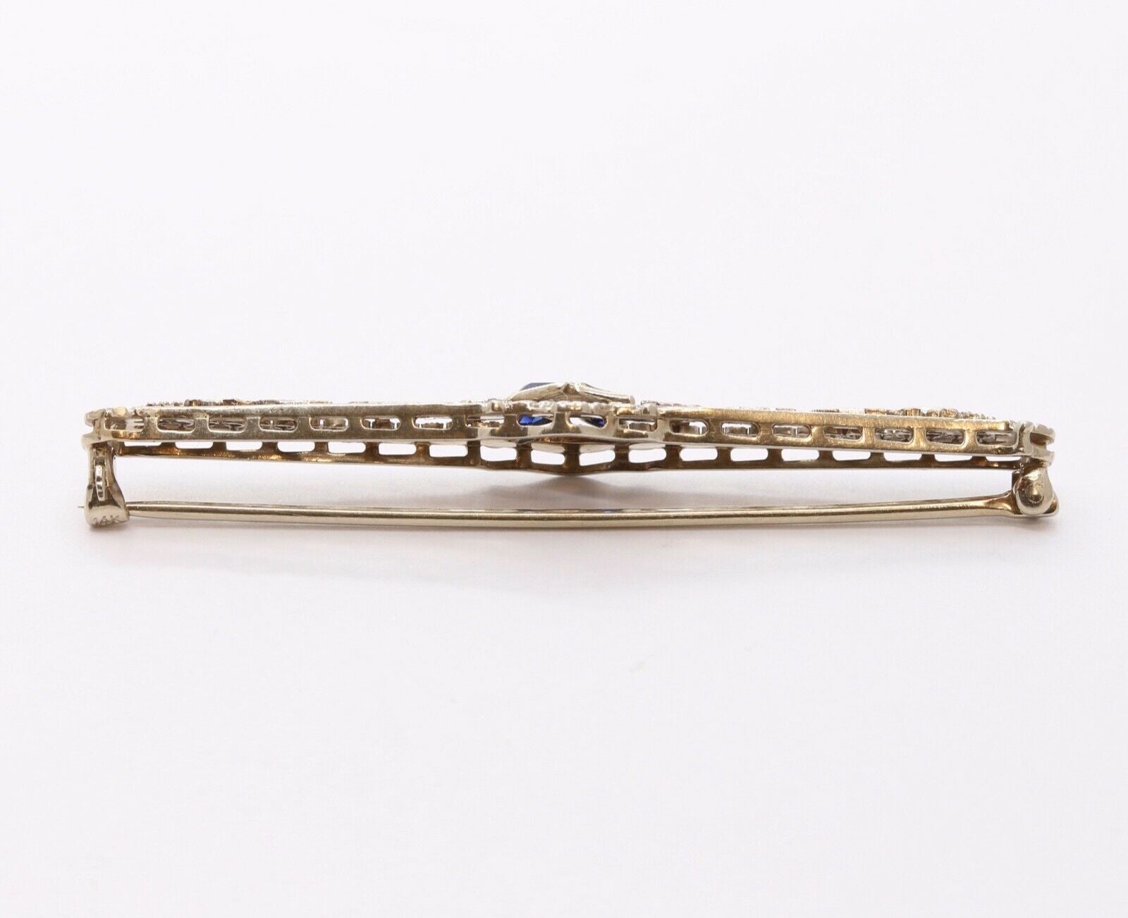 Art Deco Diamond Sapphires 14K White Gold Bar Pin Brooch