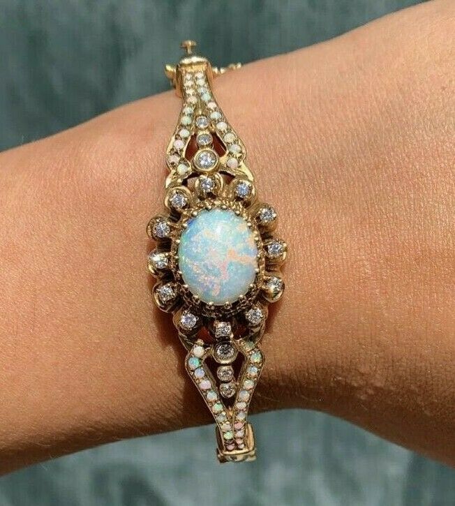 Vintage 14K Yellow Gold Victorian Style Opal and Diamond Bangle, Bracelet.