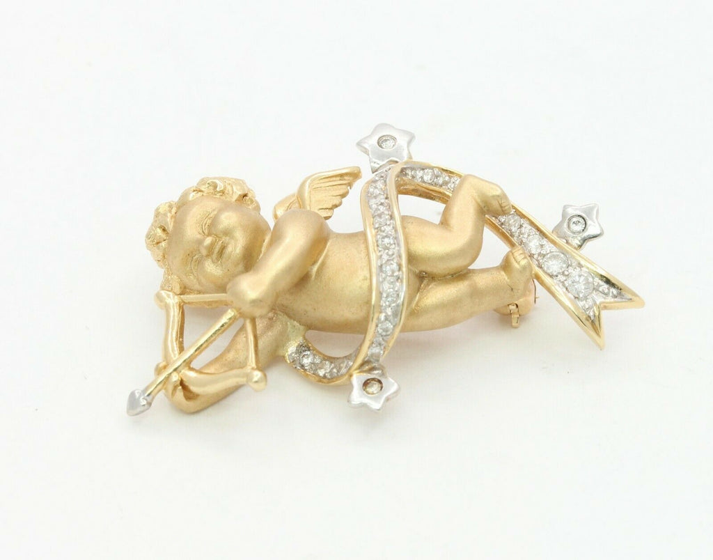 Vintage 14K Yellow Gold Diamond Cupid Brooch
