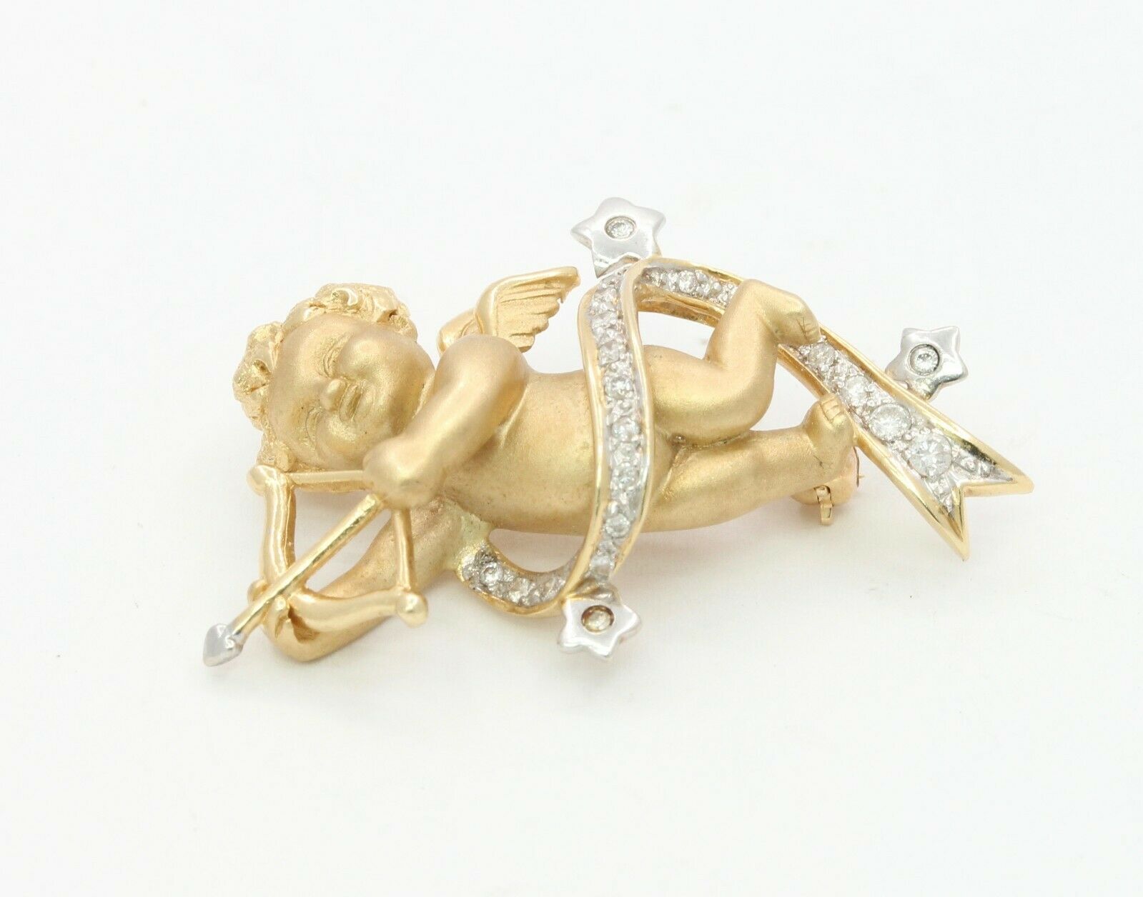 Vintage 14K Yellow Gold Diamond Cupid Brooch
