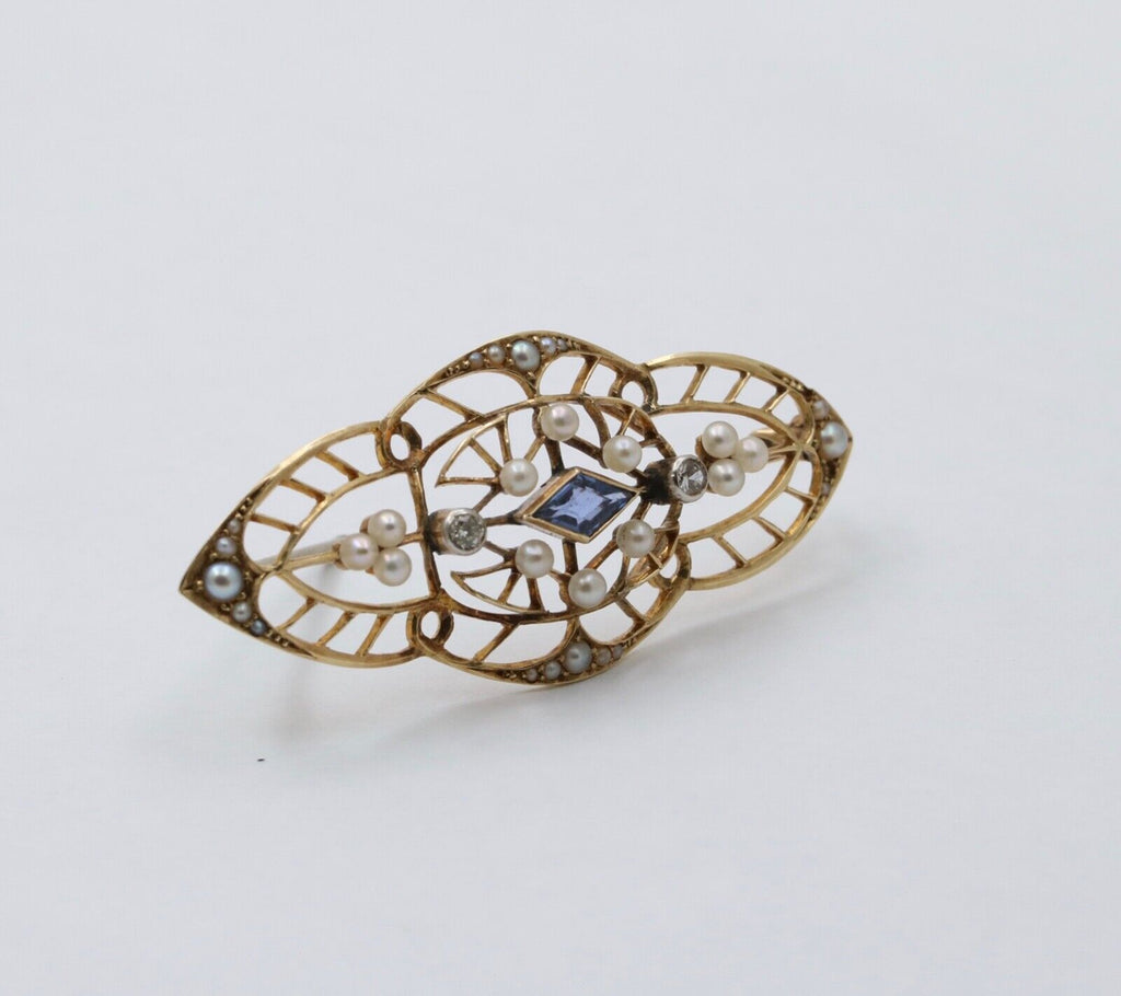 Art Deco Synthetic Sapphire Diamonds Seed Pearls 14K YG Brooch Pin