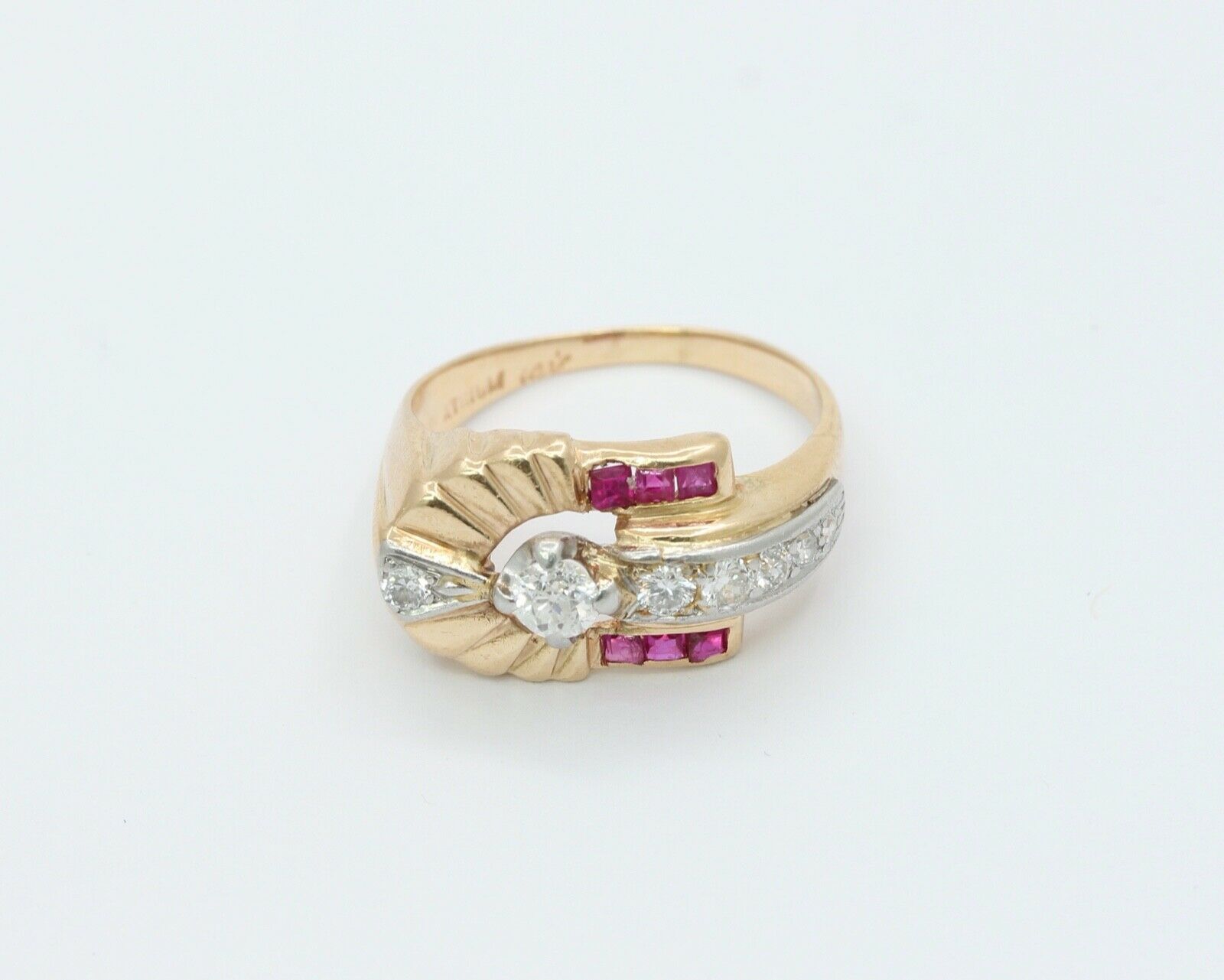Vintage Indian Headdress Diamonds Rubies 14K Yellow Gold Platinum Ring