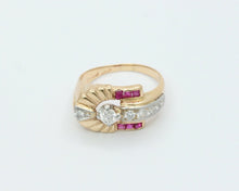 Load image into Gallery viewer, Vintage Indian Headdress Diamonds Rubies 14K Yellow Gold Platinum Ring
