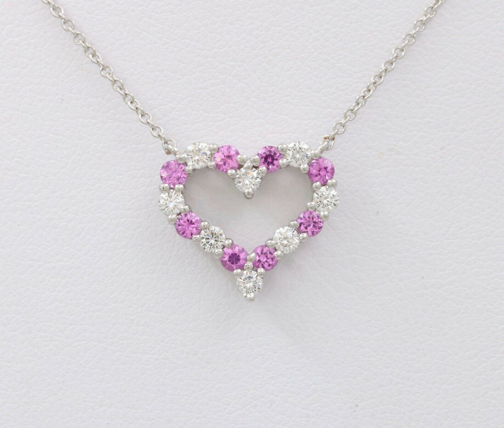Tiffany and Co. Heart Pendant and Chain Diamonds Pink Sapphires Platinum