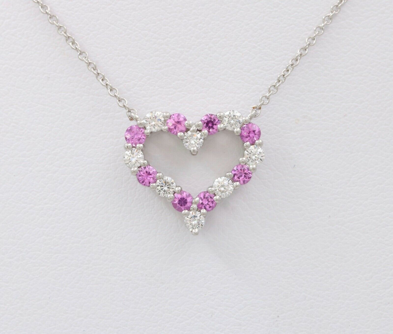 Tiffany and Co. Heart Pendant and Chain Diamonds Pink Sapphires Platinum