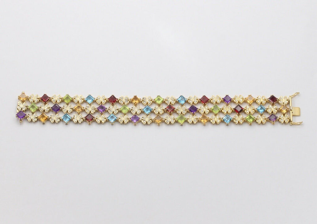 Estate Colorful 14K Yellow Gold Multi Color GemStones Three Layer Bracelet