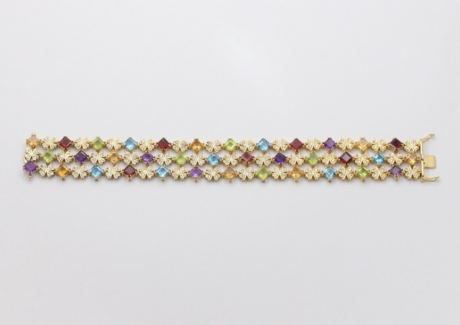 Estate Colorful 14K Yellow Gold Multi Color GemStones Three Layer Bracelet