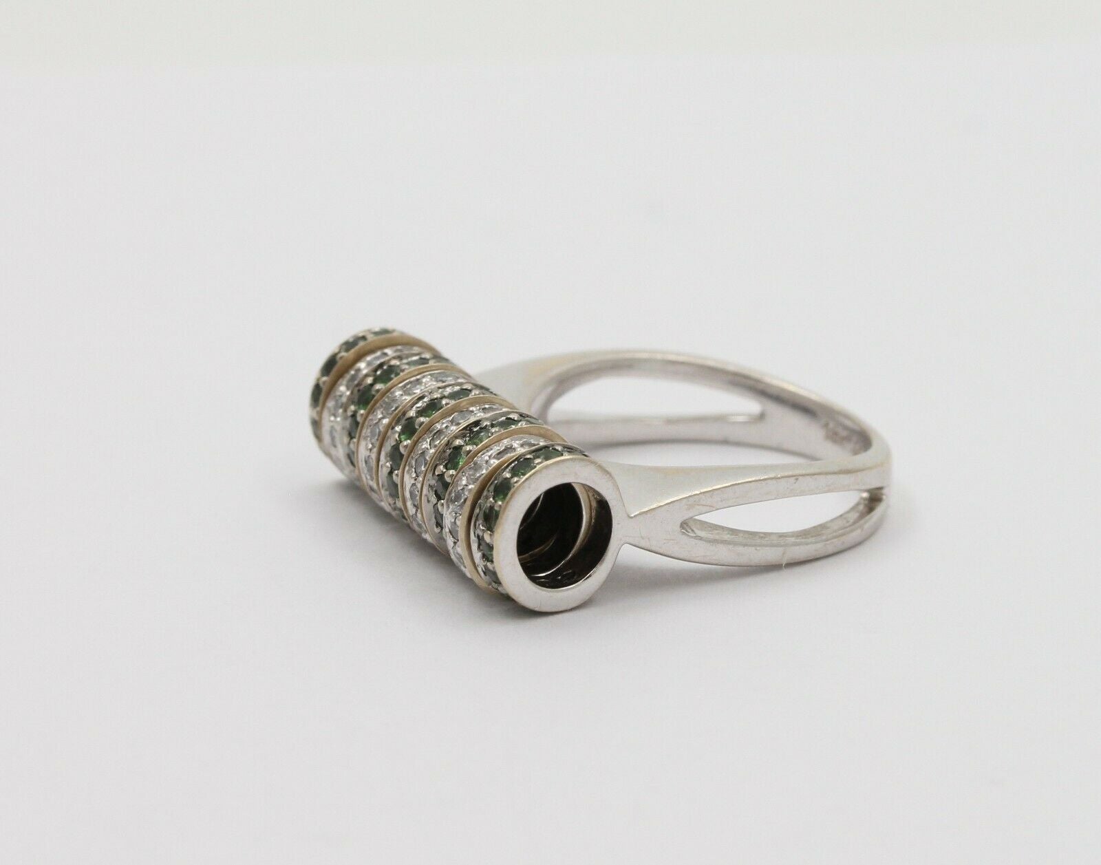 Sonia B 18K White Gold Interactive Diamonds and Green Garnet Movable Ring Band.