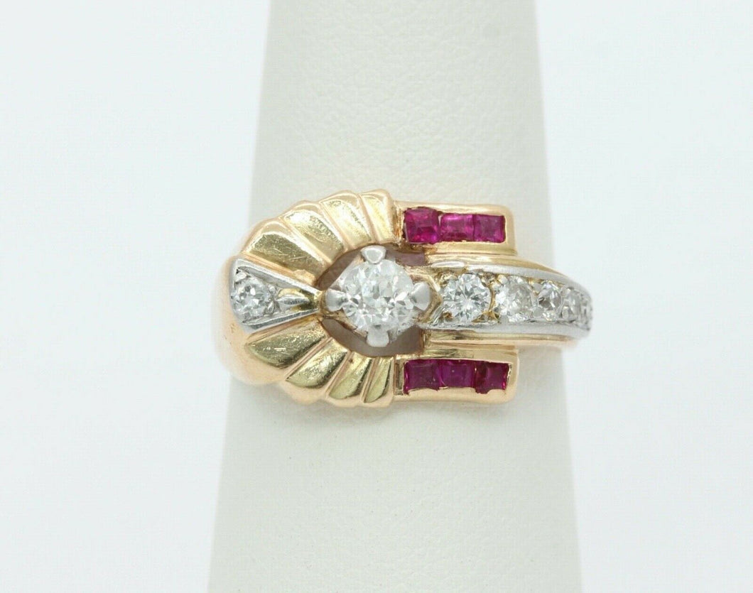 Vintage Indian Headdress Diamonds Rubies 14K Yellow Gold Platinum Ring