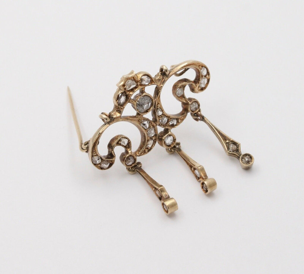 Elegant Victorian Rose Cut Diamonds 14K Yellow Gold Brooch Pendant