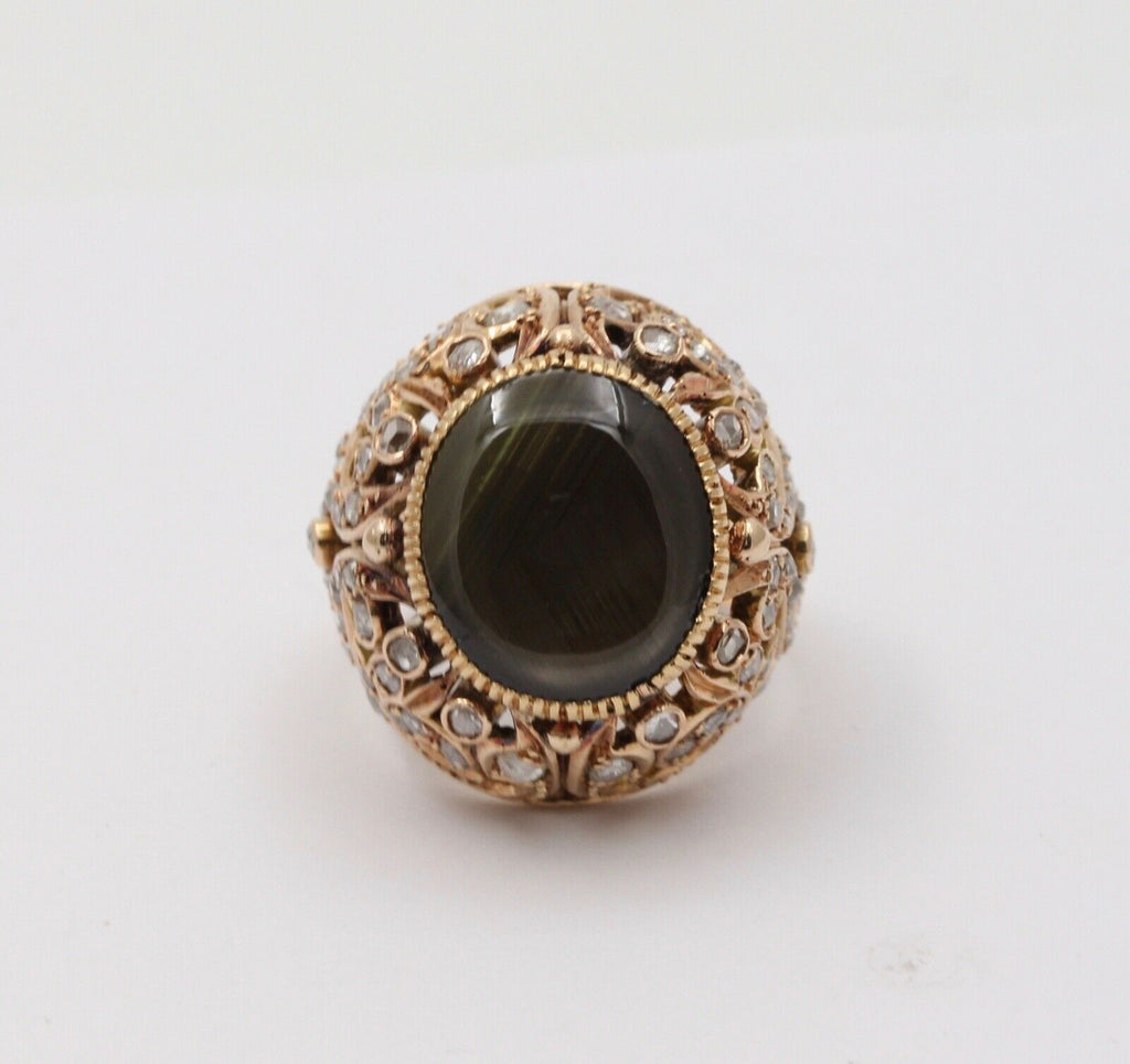 Vintage Black Star Sapphire Rose Cut Diamonds 18K Yellow Gold Ring