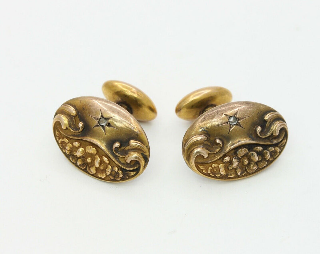 Art Nouveau Men's Cufflinks Diamonds 10K Yellow Gold