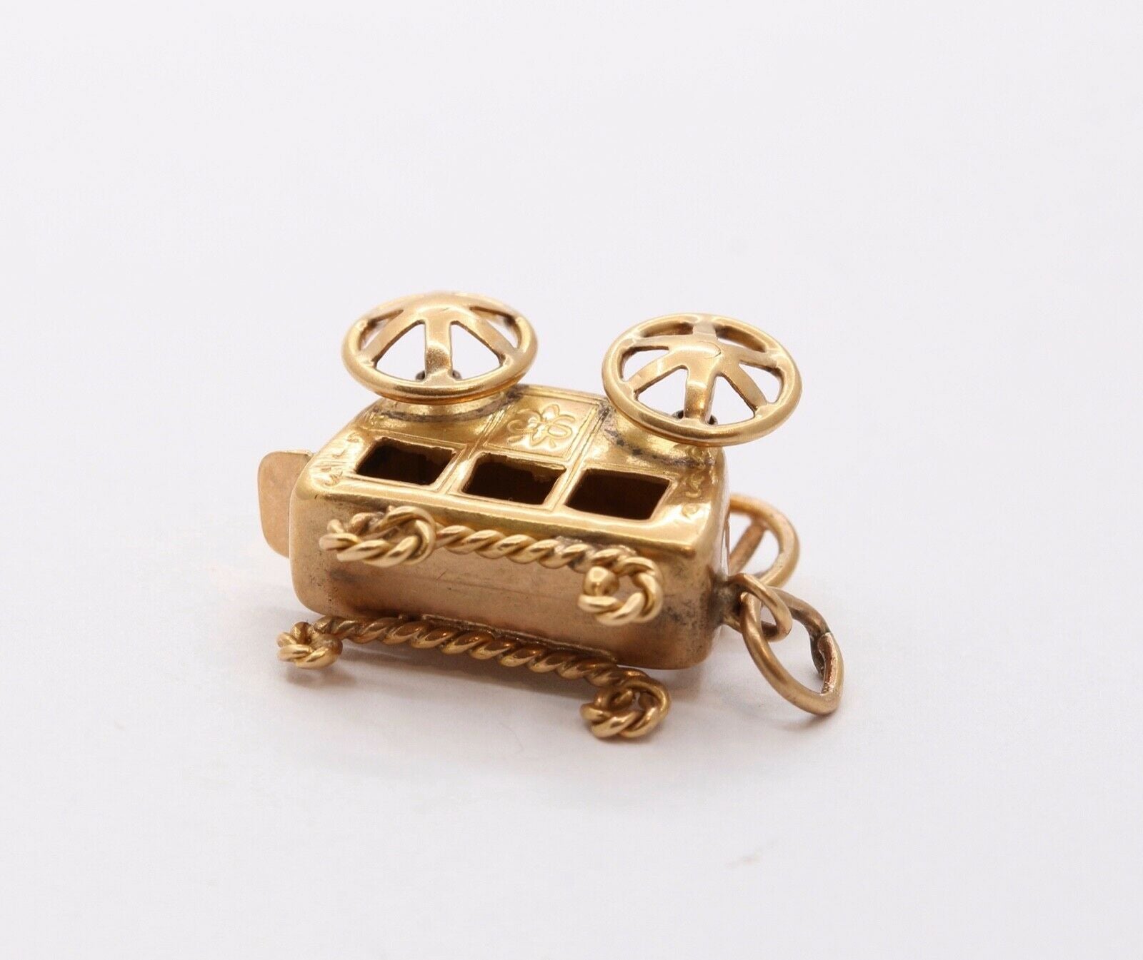 Vintage 14K Yellow Gold Carriage Stage Coach Pendant Charm Movable Wheels