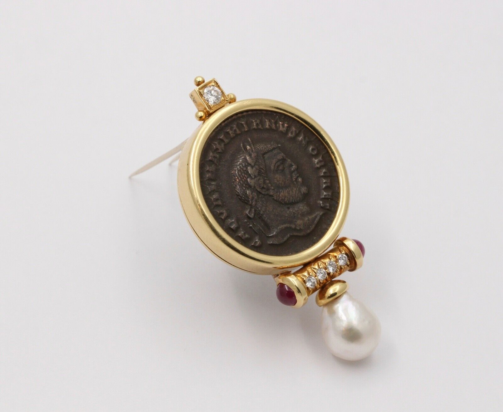 Roman Coin Rubies Diamond Pearl 18K Yellow Gold Brooch Pin