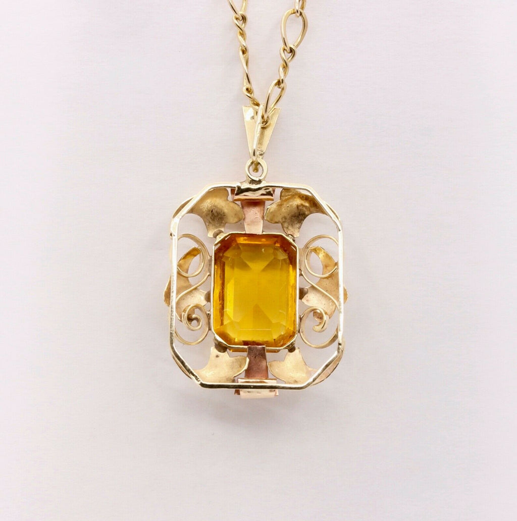 Lovely Vintage 14K Yellow Rose Gold Citrine Pendant 10K Open Link Chain