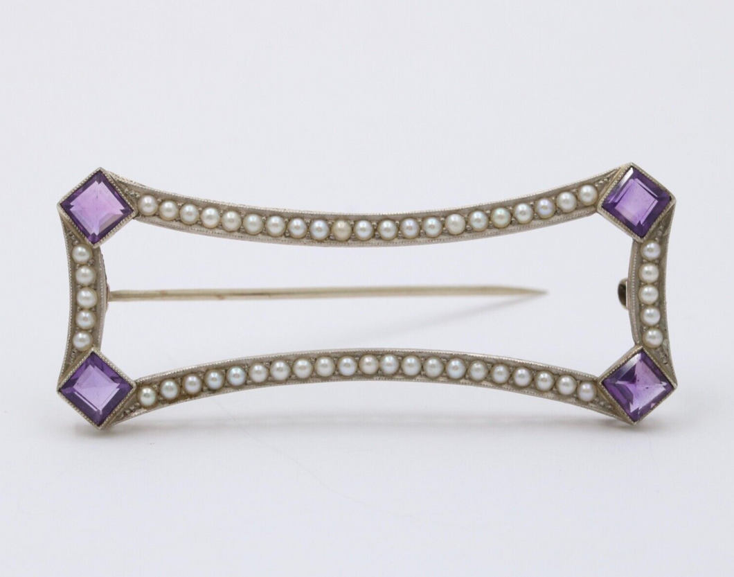 Antique Art Deco Amethyst & Split Pearl 14K White Gold Brooch, Pin