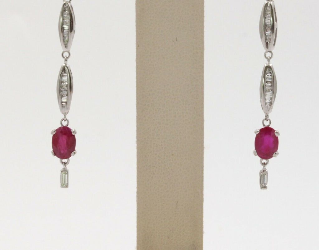 Vintage 14K White Gold Hanging Ruby Diamond Earrings