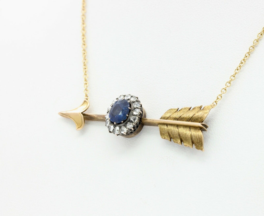 Victorian Russian 14K Yellow Gold Sapphire Rose Cut Diamond Arrow Pendant