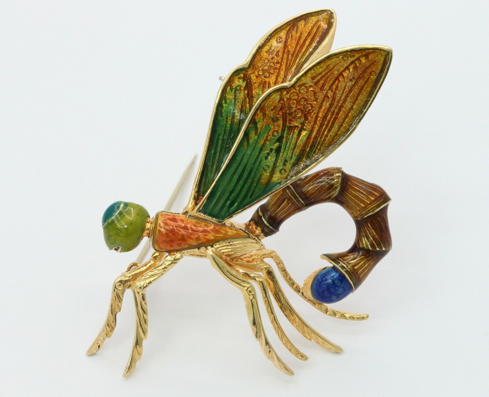 Vintage Italian 18K Yellow Gold Enamel Dragonfly Brooch