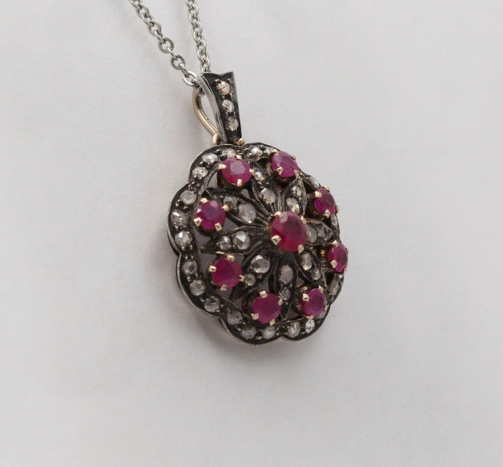 Victorian Rubies Diamonds 14K Rose Gold Silver Pendant