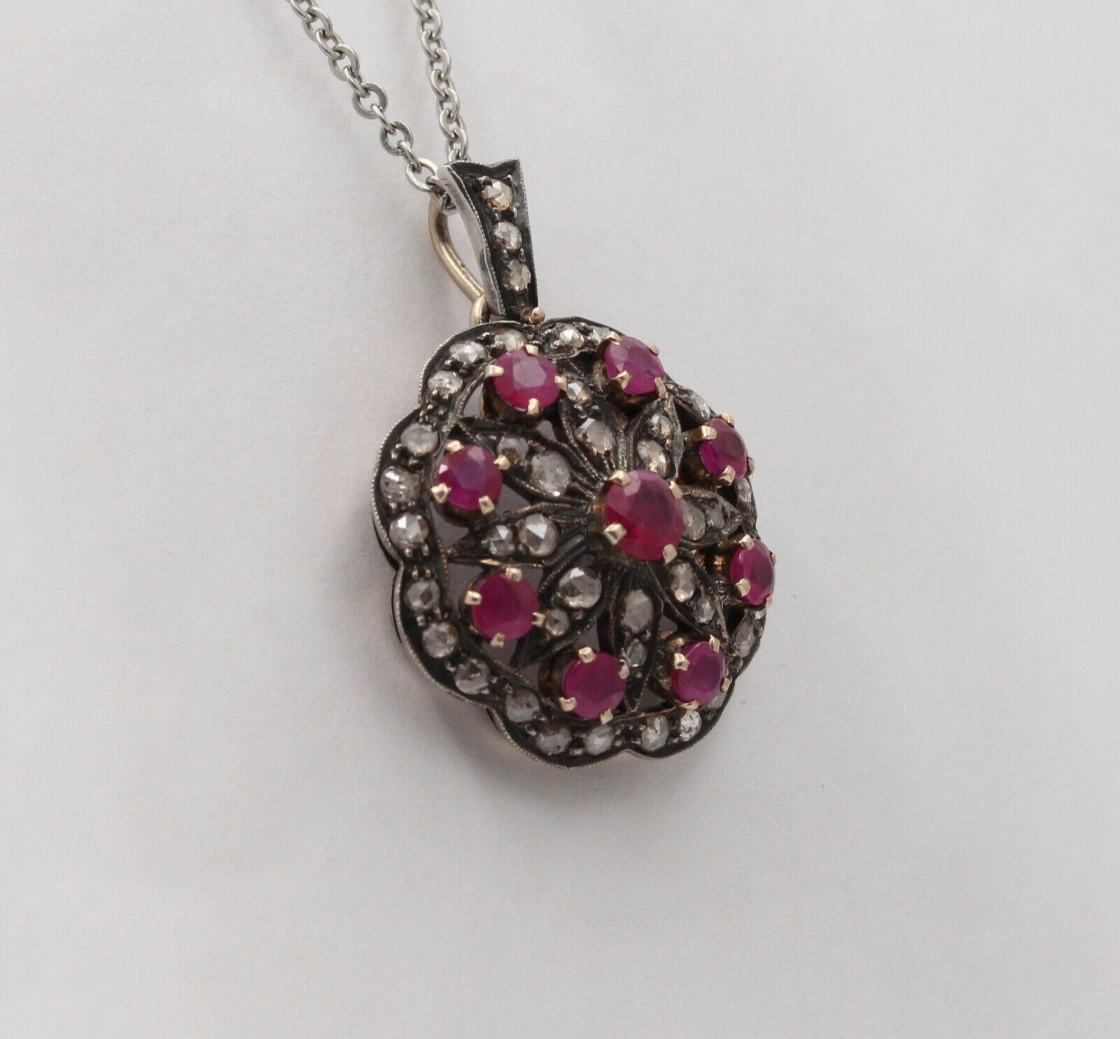 Victorian Rubies Diamonds 14K Rose Gold Silver Pendant