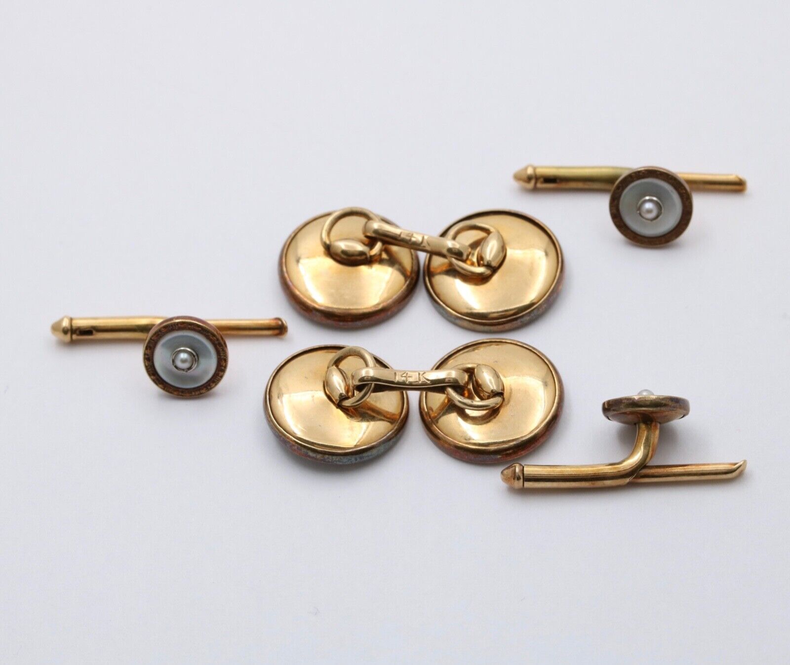 Vintage 14K Gold Mother Of Pearl & Pearl Cufflinks And Dress Studs Set