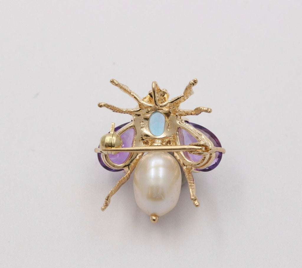 Vintage Amethyst London Blue Topaz Pearl 14K YG Honey Bee Brooch Pin