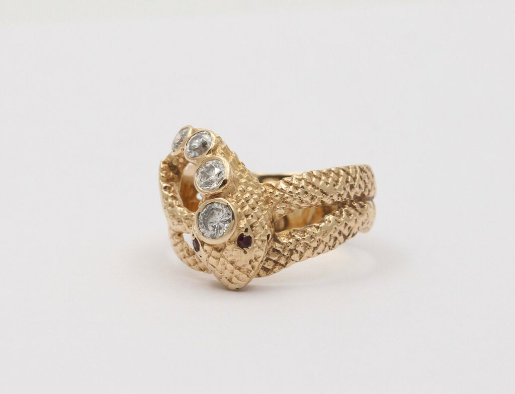 Vintage Snake Diamond Rubies 14K Yellow Gold Ring