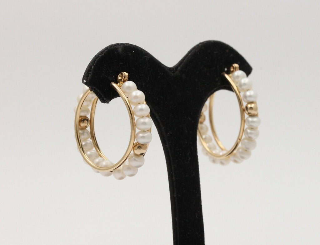 Vintage Hoop 14K Yellow Gold Cultured Pearl Earrings