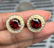 Load image into Gallery viewer, Vintage Rhodolite Garnet &amp; Diamond Halo 18K Yellow Gold Earrings
