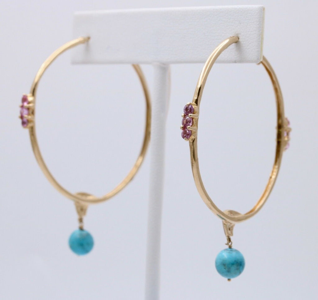 Light Weight 10K Gold Turquoise & pink Topaz , Diamond Large Hoop Earrings