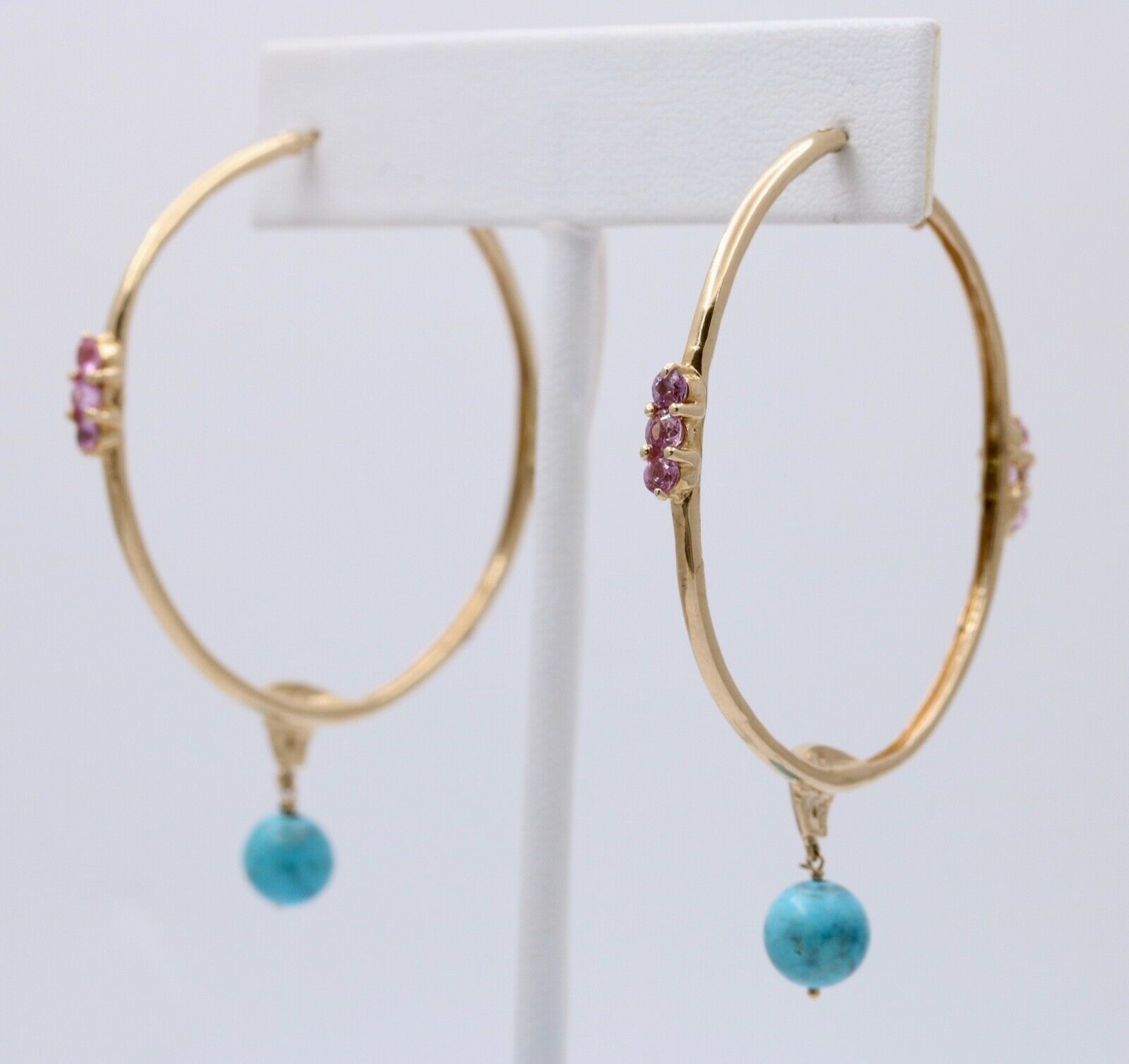 Light Weight 10K Gold Turquoise & pink Topaz , Diamond Large Hoop Earrings