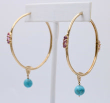 Load image into Gallery viewer, Light Weight 10K Gold Turquoise &amp; pink Topaz , Diamond Large Hoop Earrings
