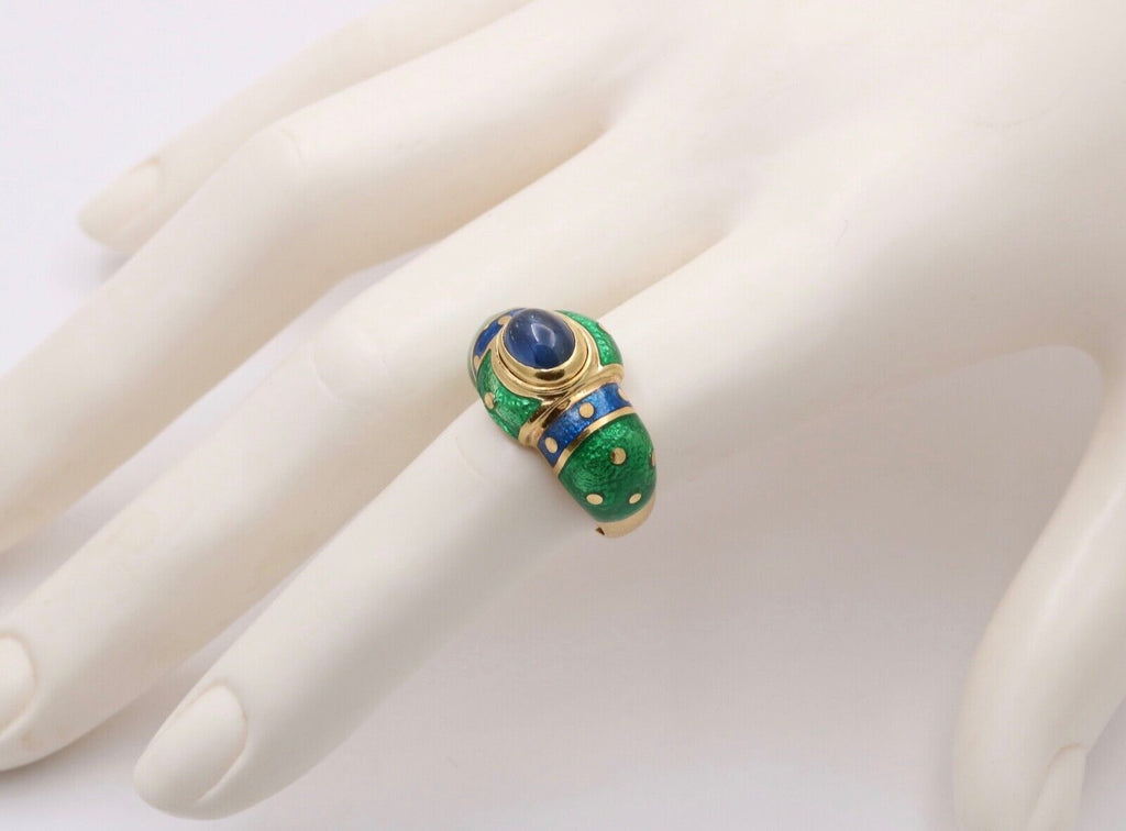 Vintage 18K Yellow Gold Sapphire Enamel Dome Ring , Ring Band