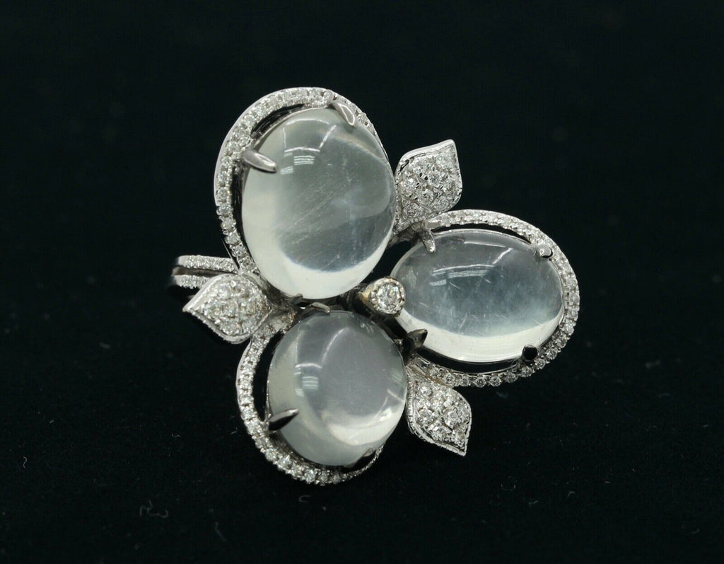 Beautiful 18K White Gold Moonstones Diamonds Ring