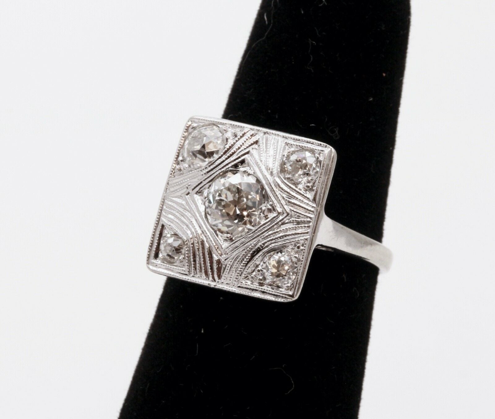 Art Deco Geometric Rope Filagree Diamonds 14K White Gold Ring