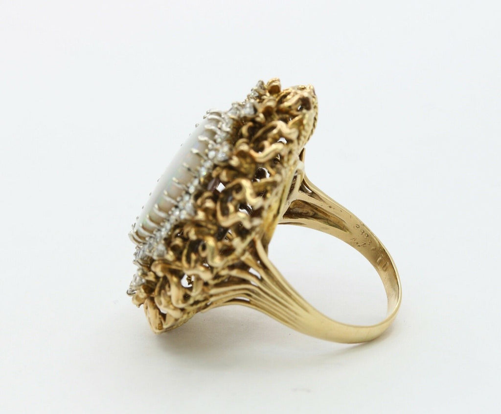 Large Vintage Ladies Opal Diamonds 14K Yellow Gold Statement Ring
