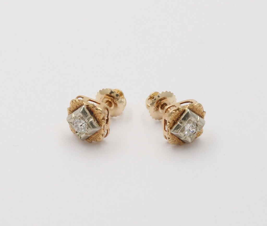 Antique Victorian 14K Yellow & White Gold Old Mine Cut Diamonds Studs Earrings