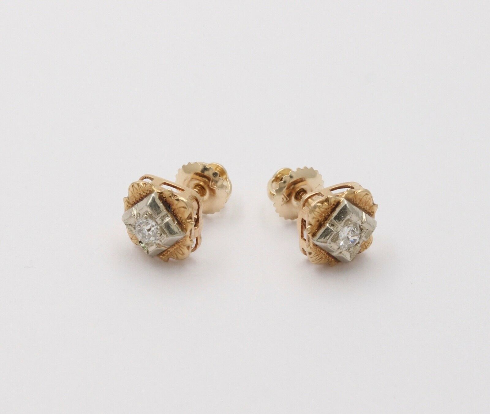 Antique Victorian 14K Yellow & White Gold Old Mine Cut Diamonds Studs Earrings