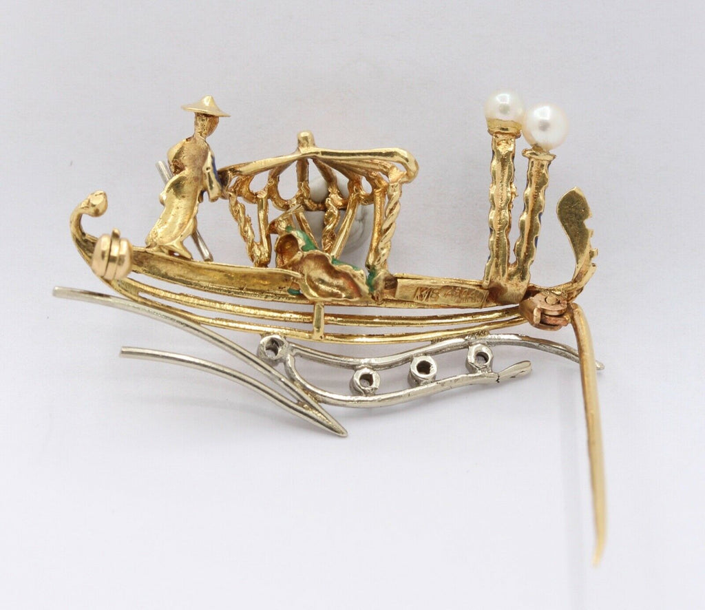 Vintage 18K Yellow Gold Enamel Diamond Boat Brooch