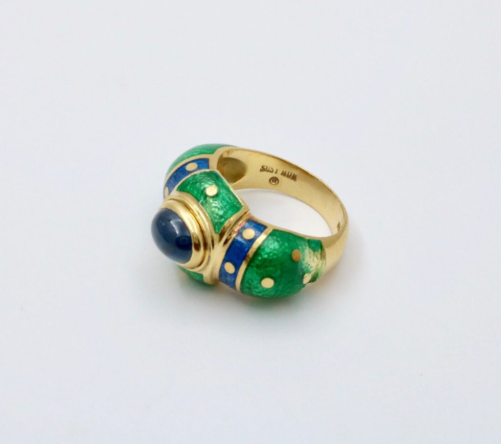 Vintage 18K Yellow Gold Sapphire Enamel Dome Ring , Ring Band