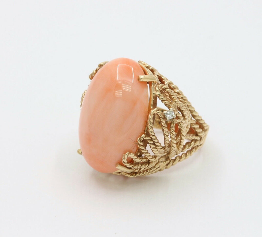 Huge Cabochon Angel Skin Coral Diamonds 14K Yellow Gold Ring