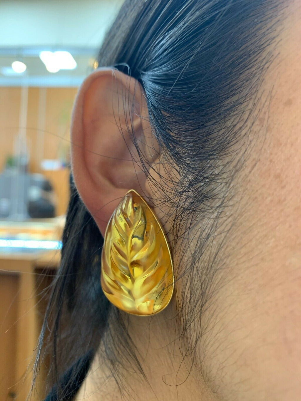 Lalique Carved Leaf Yellow Crystal Clip On Earring