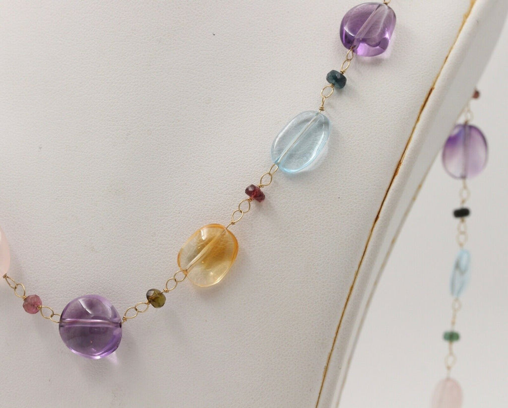 Colorful 14K Yellow Gold Beaded Multi Color Gemstone Necklace.