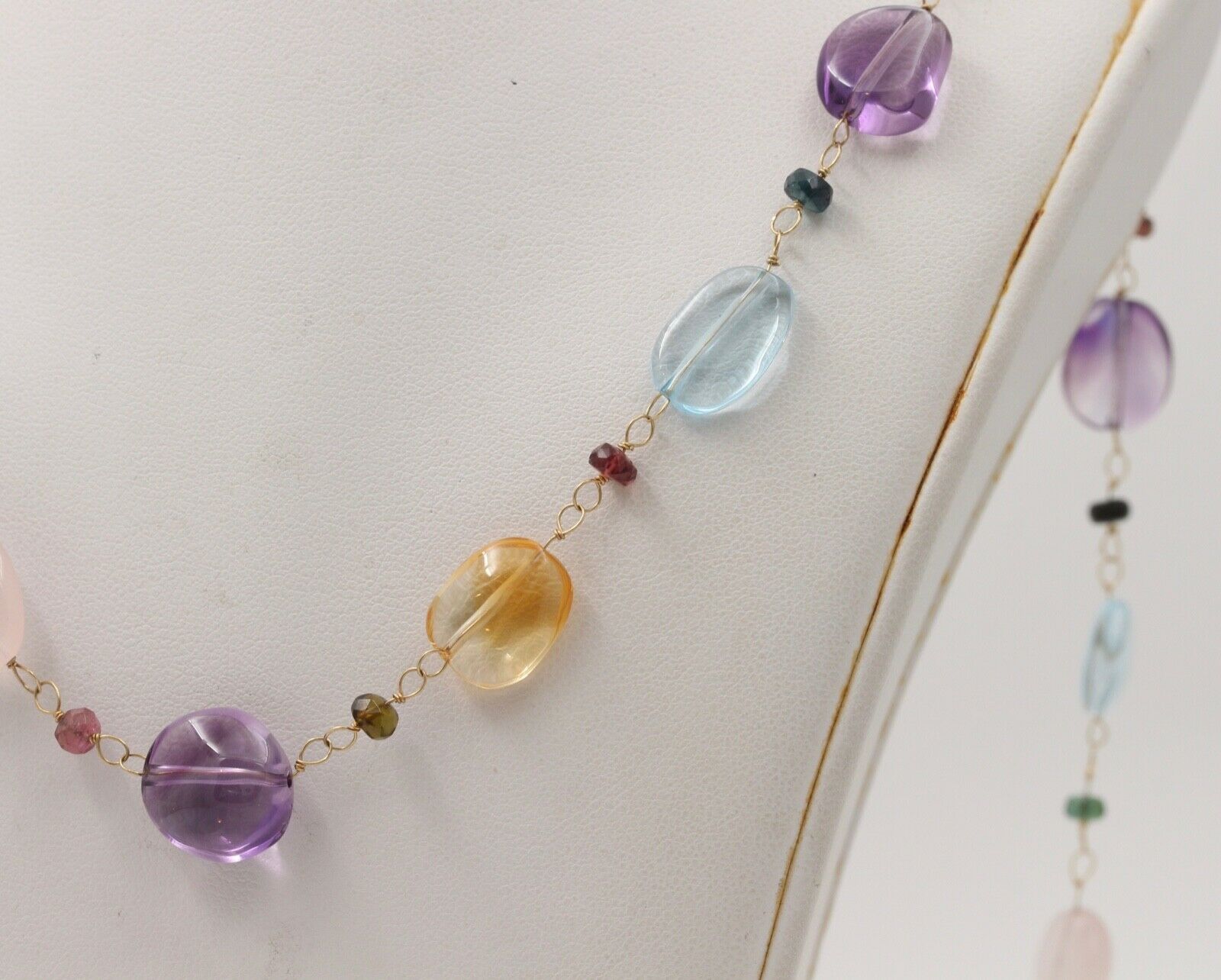 Colorful 14K Yellow Gold Beaded Multi Color Gemstone Necklace.
